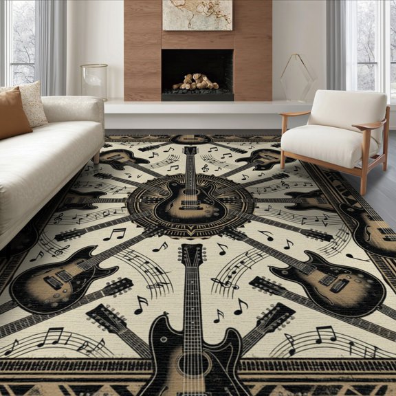 ODIKA 8'x10' Washable Area Rug Durable, Non-Slip Notes Vintage Rock Distressed Grunge Motif Hip Border Guitar Music Refined for Living Room, Under Sectional, Family