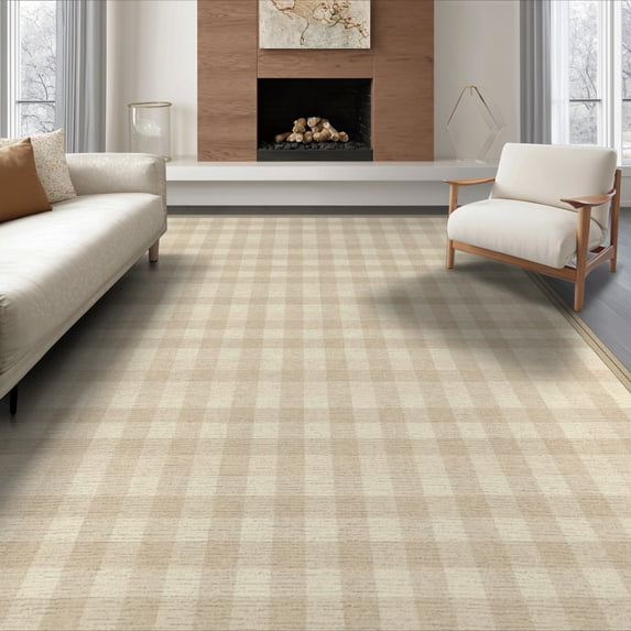 ODIKA 8'x10' Washable Area Rug Durable, Non-Slip Nursey Plaid Grid Neutral Gingham Traditional Frame Nirsery Farmhouse for Living Room, Under Sectional, Family
