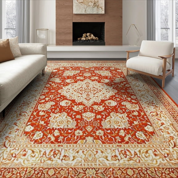 ODIKA 8'x10' Washable Area Rug Durable, Non-Slip Orange Fall Boho Vintage Terracotta Farmhouse Medallion Design with Floral Scroll for Living Room, Under Sectional, Family