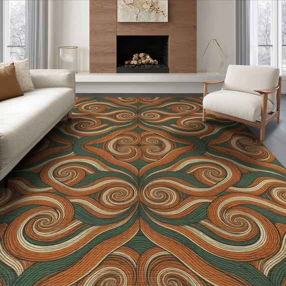 ODIKA 8'x10' Washable Area Rug Durable, Non-Slip Orange Flowing Burnt Earthy Decorative Balanced Rhythm Motif for Living Room, Under Sectional, Family