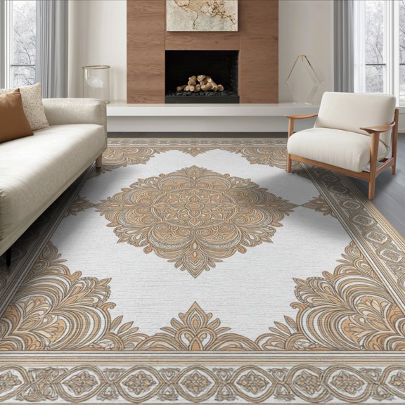 ODIKA 8'x10' Washable Area Rug Durable, Non-Slip Ornamental Motifs Ornate Scroll Border Distressed Vintage Boho Refined for Living Room, Under Sectional, Family