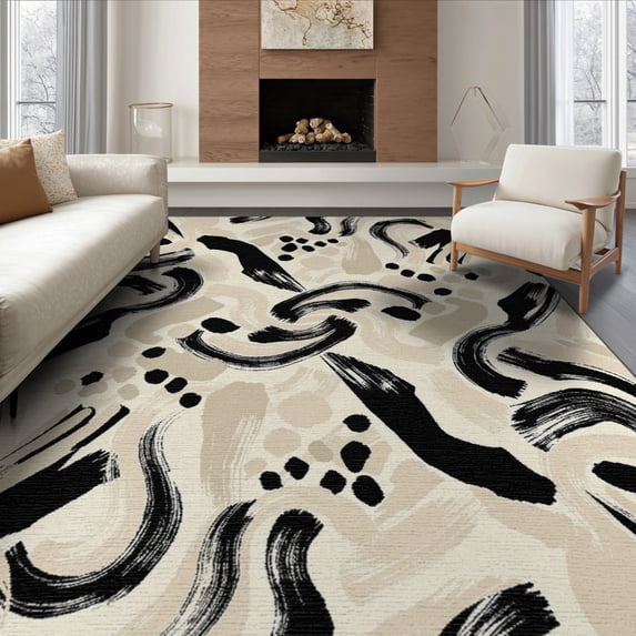 ODIKA 8'x10' Washable Area Rug Durable, Non-Slip Painterly Asymmetric Boho Scattered Blob Design Contemporary Art for Living Room, Under Sectional, Family