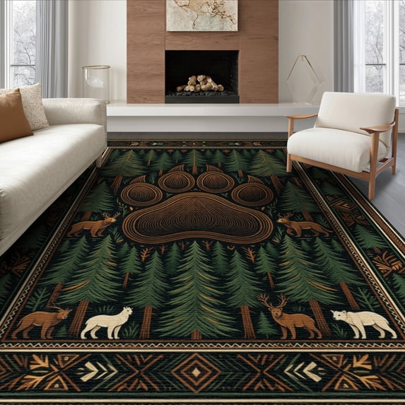 ODIKA 8'x10' Washable Area Rug Durable, Non-Slip Paw Print Rustic With Centered Woodland Wildlife Emblem Cabin Bear Refined for Living Room, Under Sectional, Family