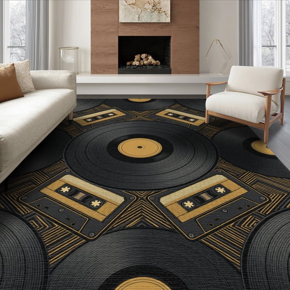 ODIKA 8'x10' Washable Area Rug Durable, Non-Slip Personalized Album Artwork Retro Record Player Cassette for Living Room, Under Sectional, Family