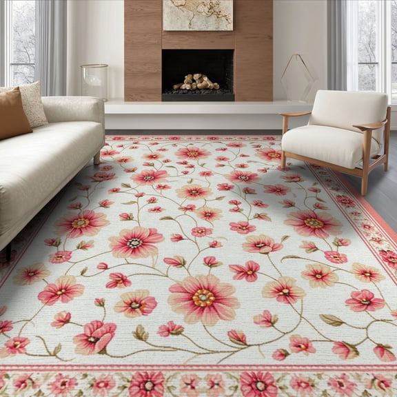ODIKA 8'x10' Washable Area Rug Durable, Non-Slip Pink Cute Whimsical Tossed Petal Scattered Motifs Dotted Border for Living Room, Under Sectional, Family
