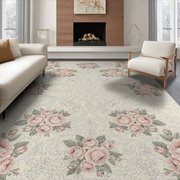 ODIKA 8'x10' Washable Area Rug Durable, Non-Slip Pink Long Vintage Cluster Decorative Frame Motifs Sage Bathroom for Living Room, Under Sectional, Family