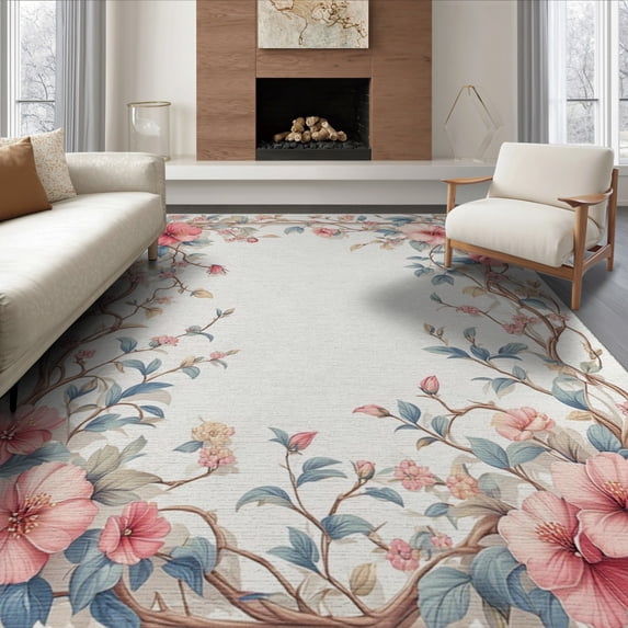 ODIKA 8'x10' Washable Area Rug Durable, Non-Slip Pink Petal Border Whimsical Scattered Polka Dot Motifs Boho Scallop for Living Room, Under Sectional, Family Room