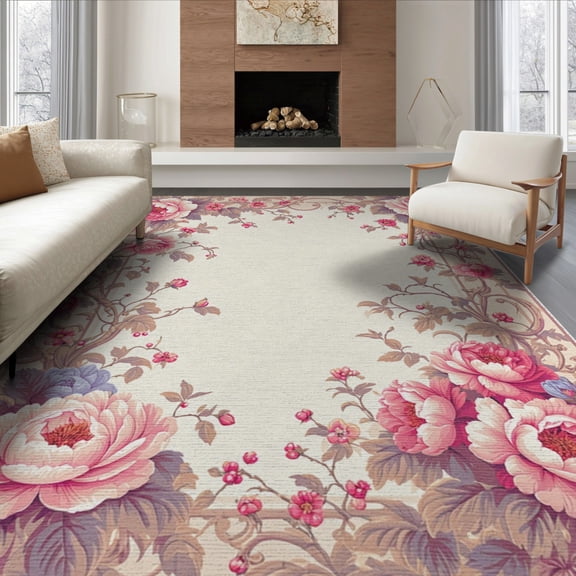 ODIKA 8'x10' Washable Area Rug Durable, Non-Slip Pink Vintage Bouquet Ornate Damask Border Botanical Trailing for Living Room, Under Sectional, Family