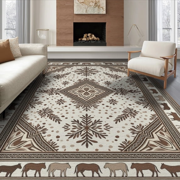 ODIKA 8'x10' Washable Area Rug Durable, Non-Slip Placemat Inspired Cow Symmetrical Repeating Detail Fabric Table for Living Room, Under Sectional, Family