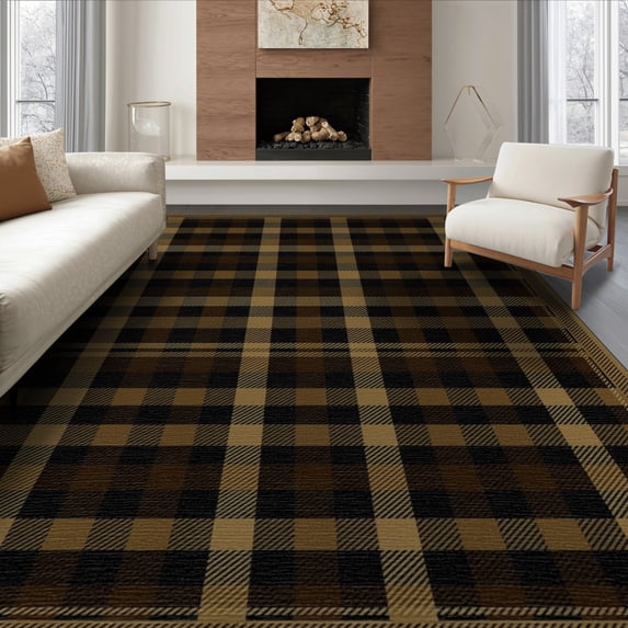 ODIKA 8'x10' Washable Area Rug Durable, Non-Slip Plaid Farmhouse Tartan Design With Striped Border Accents Buffalo Flowing for Living Room, Under Sectional, Family