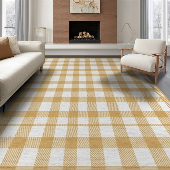 ODIKA 8'x10' Washable Area Rug Durable, Non-Slip Plaid Gingham Farmhouse Border Neutral Nirsery Nursey Checkered Refined for Living Room, Under Sectional, Family