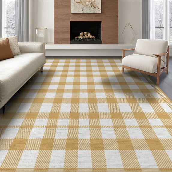 ODIKA 8'x10' Washable Area Rug Durable, Non-Slip Plaid Gingham Farmhouse Border Neutral Nirsery Nursey Checkered Refined for Living Room, Under Sectional, Family