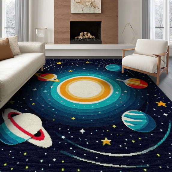 ODIKA 8'x10' Washable Area Rug Durable, Non-Slip Playroom Rocket Galaxy Motifs Science Theme Classroom Themed for Living Room, Under Sectional, Family