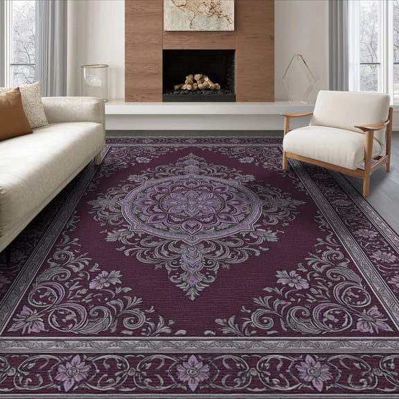 ODIKA 8'x10' Washable Area Rug Durable, Non-Slip Plum Distressed Scroll Border Pink Mauve Boho Purple Vintage Refined Structured for Living Room, Under Sectional, Family
