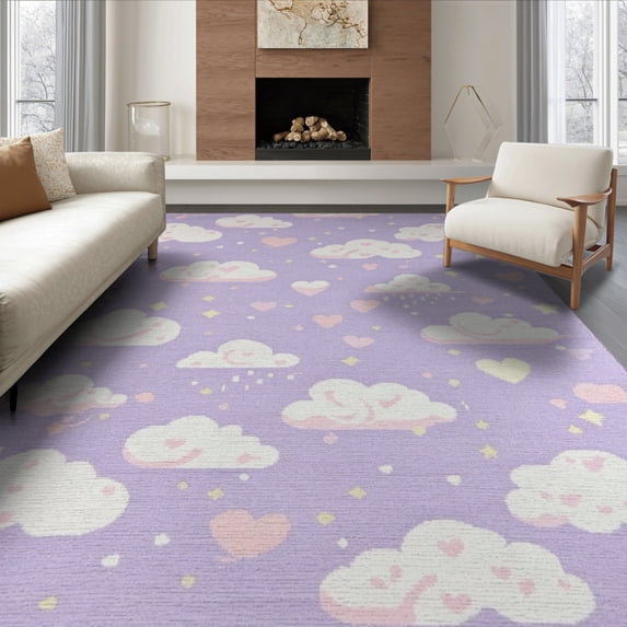 ODIKA 8'x10' Washable Area Rug Durable, Non-Slip Purple Dreamy Circle Motif Ombre Gradient Watercolor Contemporary for Living Room, Under Sectional, Family