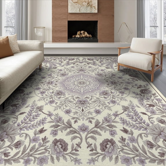 ODIKA 8'x10' Washable Area Rug Durable, Non-Slip Purple Lilac Ornamental Scrolling Border Lavendar Pink Wisteria for Living Room, Under Sectional, Family