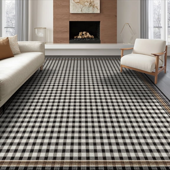 ODIKA 8'x10' Washable Area Rug Durable, Non-Slip Rag Checkered Layered Farmhouse Gingham Plaid Border Doormat for Living Room, Under Sectional, Family