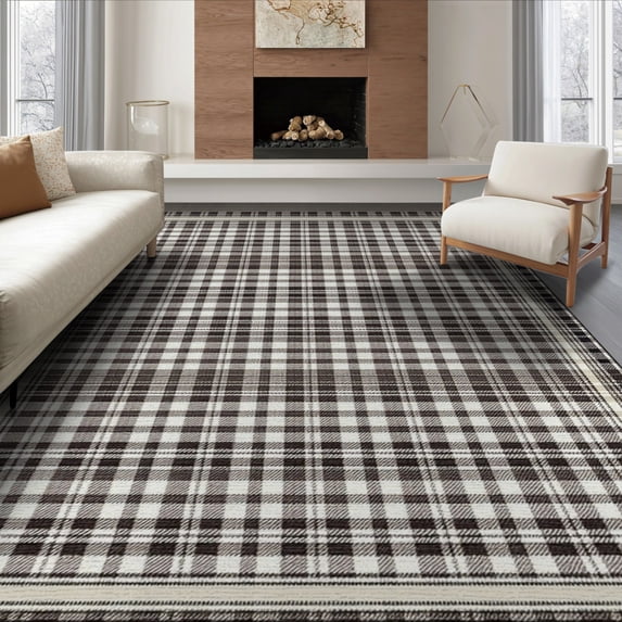 ODIKA 8'x10' Washable Area Rug Durable, Non-Slip Rag Checkered Layered Gingham Border Doormat Farmhouse Plaid for Living Room, Under Sectional, Family