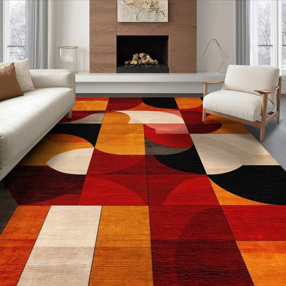 ODIKA 8'x10' Washable Area Rug Durable, Non-Slip Red Burnt Orange Rust Geometric Art Dynamic Overlapping Shapes with Bold Lines for Living Room, Under Sectional, Family