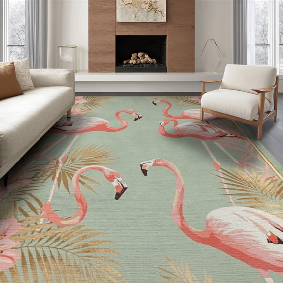 ODIKA 8'x10' Washable Area Rug Durable, Non-Slip Repeating Botanical Vine Border Leaves Frond Jungle Motif Exotic for Living Room, Under Sectional, Family