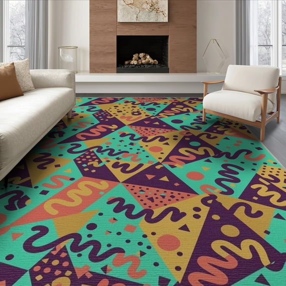 ODIKA 8'x10' Washable Area Rug Durable, Non-Slip Retro 80S Geometric Bold Memphis Squiggle Interlocking Funky Flowing Dynamic for Living Room, Under Sectional, Family