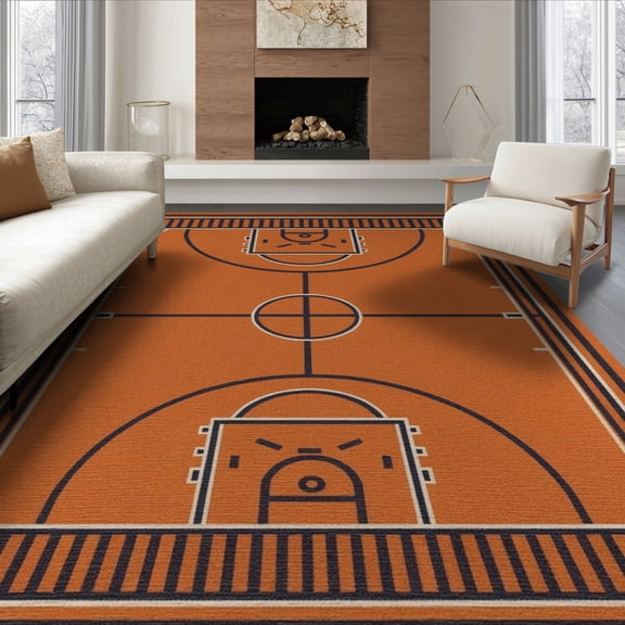 ODIKA 8'x10' Washable Area Rug Durable, Non-Slip Round Basketball Hoop Striped Borders Blanket Football Bold Center for Living Room, Under Sectional, Family