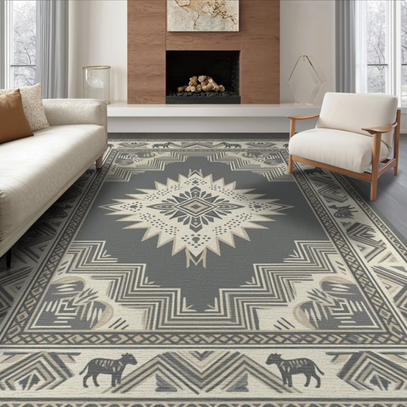 ODIKA 8'x10' Washable Area Rug Durable, Non-Slip Round Boho Cow Print Geometric Border Circle Abstract Neutral for Living Room, Under Sectional, Family