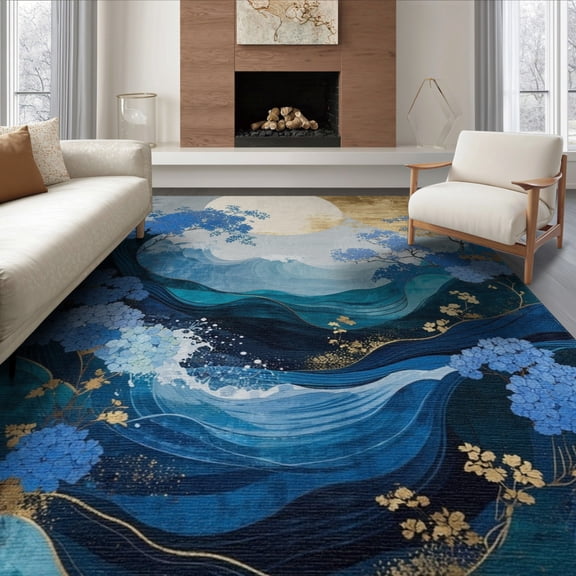 ODIKA 8'x10' Washable Area Rug Durable, Non-Slip Round Ocean Navy Wave Abstract Hydrangea Circle Contemporary for Living Room, Under Sectional, Family