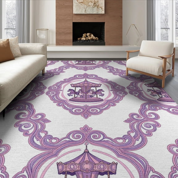 ODIKA 8'x10' Washable Area Rug Durable, Non-Slip Round Scroll Storybook Whimsical Carousel Motif Transitional for Living Room, Under Sectional, Family