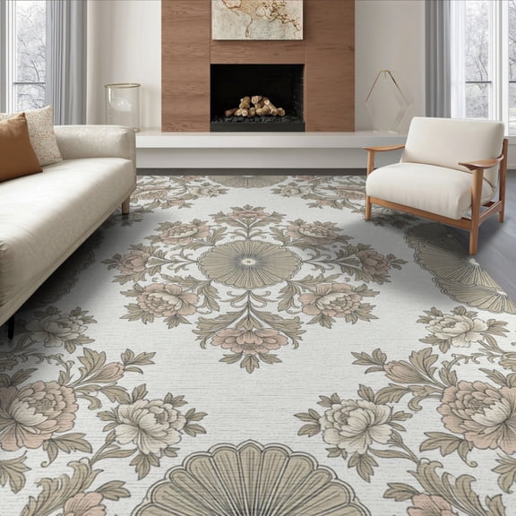 ODIKA 8'x10' Washable Area Rug Durable, Non-Slip Round Shaped Delicate Blooming Motifs Symmetrical Layout Border for Living Room, Under Sectional, Family