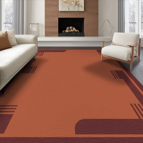ODIKA 8'x10' Washable Area Rug Durable, Non-Slip Rust and Burgundy Art Design Geometric Corners with Bold Accents for Living Room, Under Sectional, Family