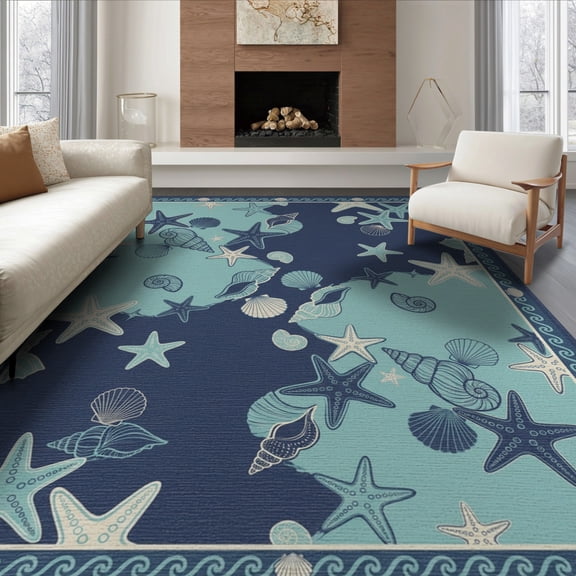 ODIKA 8'x10' Washable Area Rug Durable, Non-Slip Scattered Seashell Bathroom Coral Reef Starfish Ocean Nautical Playful for Living Room, Under Sectional, Family