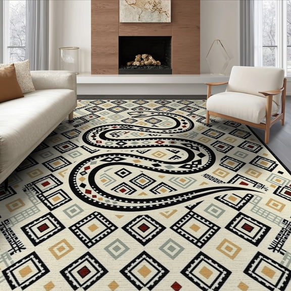 ODIKA 8'x10' Washable Area Rug Durable, Non-Slip Serpent Retro Aesthetic With Bold Coiled Reptile Motif Snake Flowing Dynamic for Living Room, Under Sectional, Family