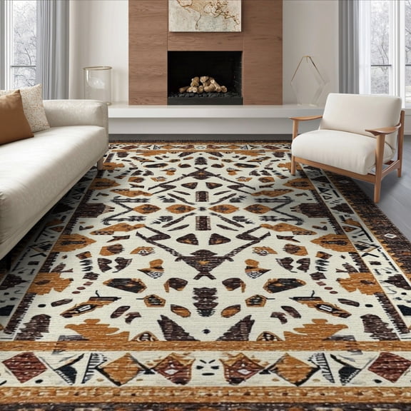 ODIKA 8'x10' Washable Area Rug Durable, Non-Slip Southwestern Spotted Border Geometric Men Cave Fake Fabric Cow for Living Room, Under Sectional, Family