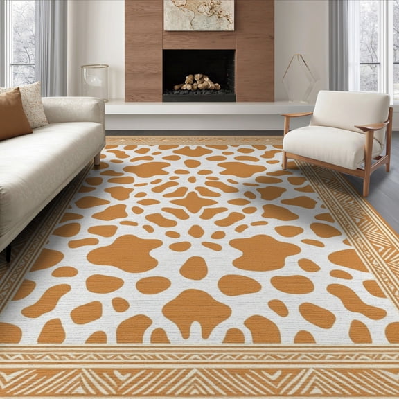 ODIKA 8'x10' Washable Area Rug Durable, Non-Slip Spotted Boho Bordered Fabric Table Bathroom Long Placemat Cow Refined Structured for Living Room, Under Sectional, Family