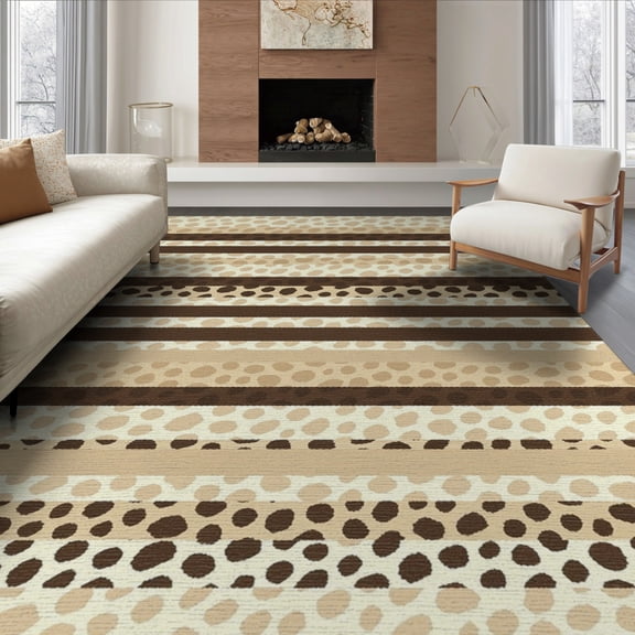 ODIKA 8'x10' Washable Area Rug Durable, Non-Slip Spotted Cow Bold Striped Bands Abstract Motif Inspired Beige Flowing Dynamic for Living Room, Under Sectional, Family