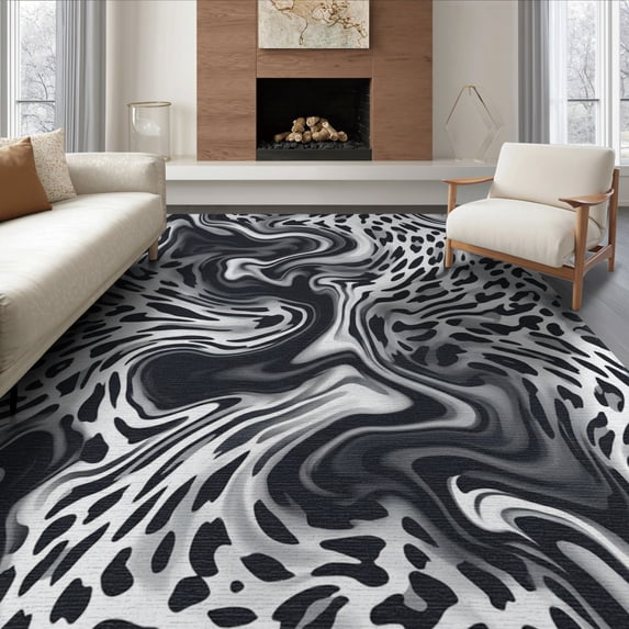 ODIKA 8'x10' Washable Area Rug Durable, Non-Slip Spotted Marbled Abstract Patchwork Bold Motif Cow Inspired Snack Playful for Living Room, Under Sectional, Family