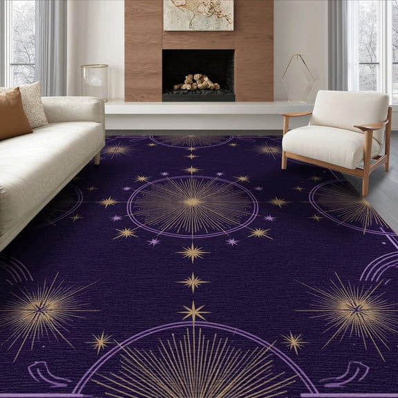 ODIKA 8'x10' Washable Area Rug Durable, Non-Slip Starburst Boho Center Swirl Ombre Gradient Watercolor Purple Abstract Refined for Living Room, Under Sectional, Family