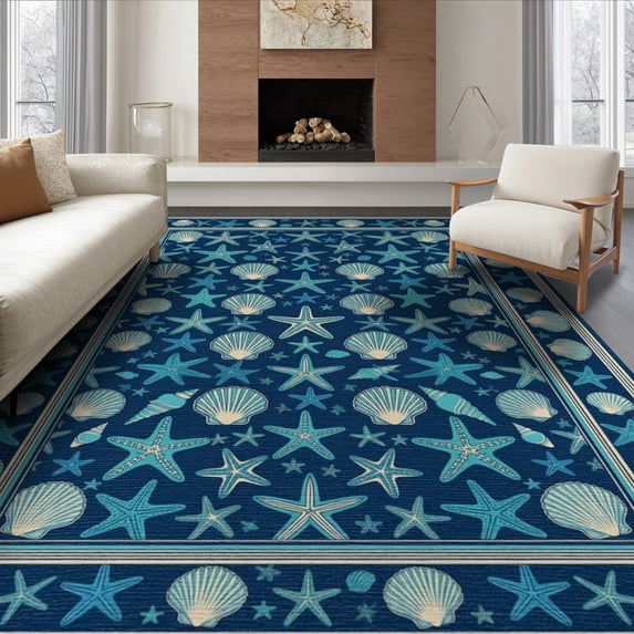 ODIKA 8'x10' Washable Area Rug Durable, Non-Slip Starfish Marine Nautical Scattered Seashell Ocean Bathroom Theme for Living Room, Under Sectional, Family Room