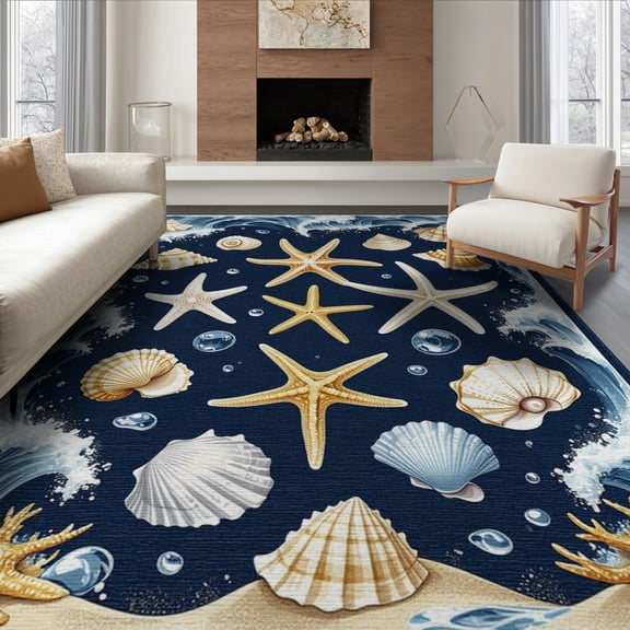 ODIKA 8'x10' Washable Area Rug Durable, Non-Slip Starfish Ocean Nautical Wave Seashell Border Bathroom Coral Reef for Living Room, Under Sectional, Family