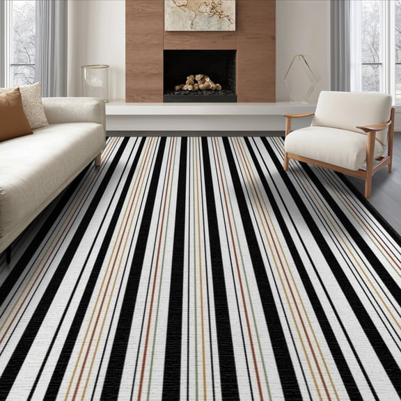 ODIKA 8'x10' Washable Area Rug Durable, Non-Slip Striped Boho With Pinstripe Accents And Ticking Stripe Bands for Living Room, Under Sectional, Family