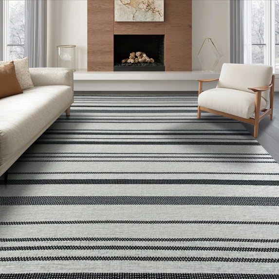 ODIKA 8'x10' Washable Area Rug Durable, Non-Slip Striped Farmhouse With Even Repeating Bands And Clean Border for Living Room, Under Sectional, Family