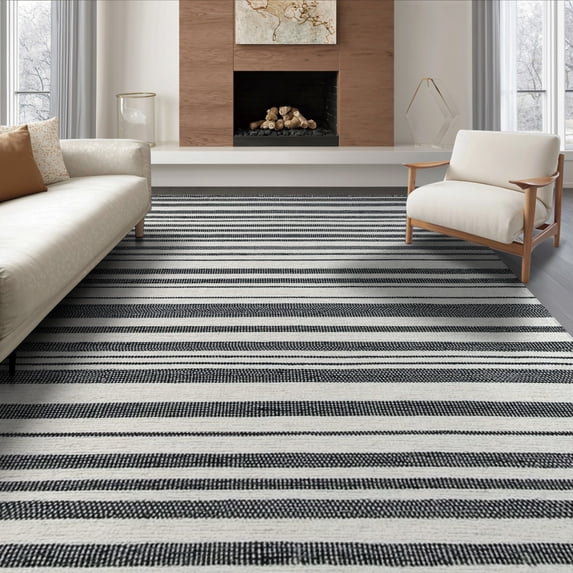 ODIKA 8'x10' Washable Area Rug Durable, Non-Slip Striped Welcome Door Doormat Alternating Band Stripe for Living Room, Under Sectional, Family