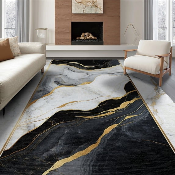 ODIKA 8'x10' Washable Area Rug Durable, Non-Slip Swirl Abstract Mineral Vein Streak Border Veined Streaks Flow for Living Room, Under Sectional, Family