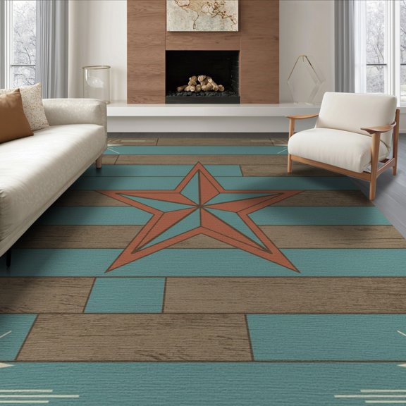 ODIKA 8'x10' Washable Area Rug Durable, Non-Slip Teal Weathered Stars Plank Background Centered Lone Theme Terracotta for Living Room, Under Sectional, Family