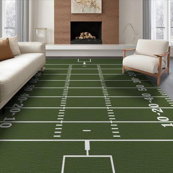 ODIKA 8'x10' Washable Area Rug Durable, Non-Slip Touchdown Lines Goalpost Motif Rugby Training Football Car Field Playful for Living Room, Under Sectional, Family