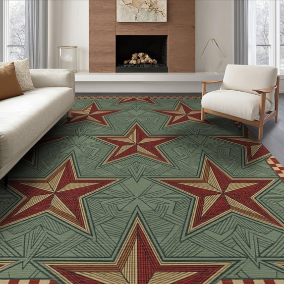 ODIKA 8'x10' Washable Area Rug Durable, Non-Slip Vintage Lettering Distressed Farmhouse Border Primitive Folk Refined Structured for Living Room, Under Sectional, Family