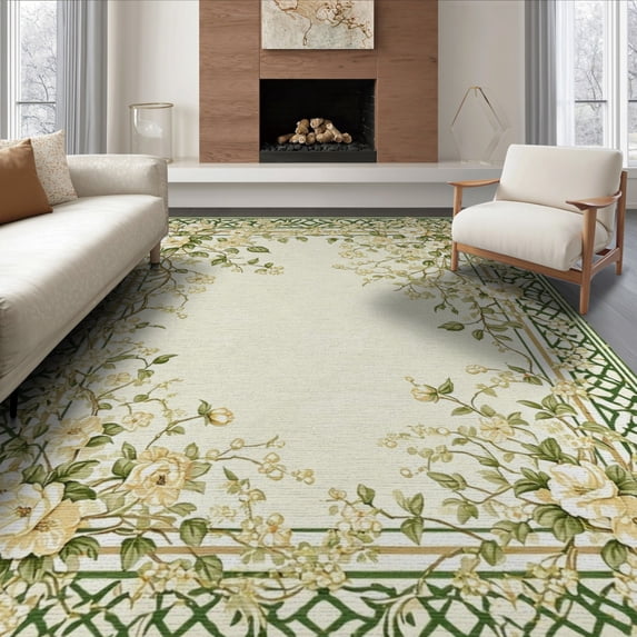 ODIKA 8'x10' Washable Area Rug Durable, Non-Slip Vintage Trellis Distressed Farmhouse Motifs Border Ornamental for Living Room, Under Sectional, Family