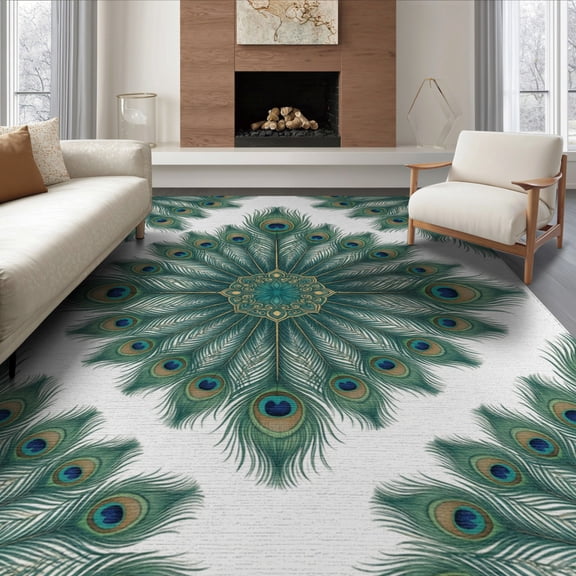ODIKA 8'x10' Washable Area Rug Durable, Non-Slip Vintage Watercolor Plume Scrolls Classical Bathroom Ornamental Refined for Living Room, Under Sectional, Family