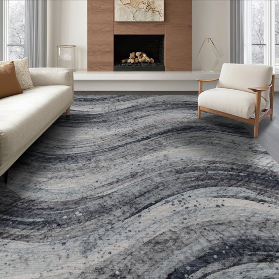 ODIKA 8'x10' Washable Area Rug Durable, Non-Slip Watercolor Modern Brushstroke Design With Flowing Wavy Motif Abstract Dynamic for Living Room, Under Sectional, Family